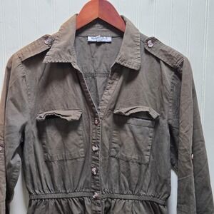 Speed Limit MPH Shirt Dress Womens Large Green Solid 3/4 Sleeve Collared Pockets